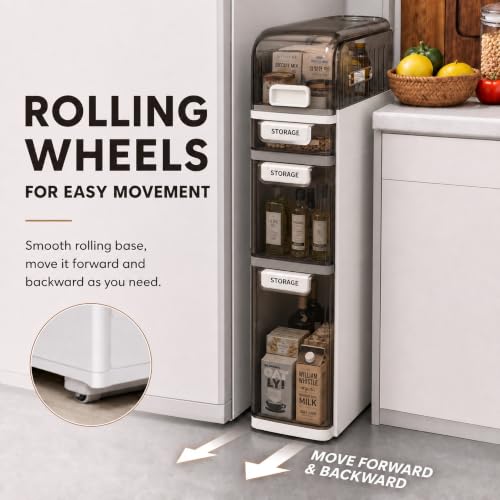 5-Tier Slim Bathroom Storage Cabinet with Drawers - Narrow Waterproof Rolling Organizer, No Assembly, 38.2"H