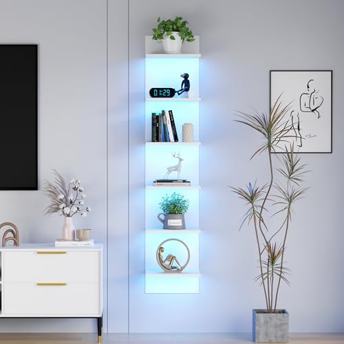 White 6-Tier Wall Shelf with RGB LED Lighting - 57-Inch Floating Storage