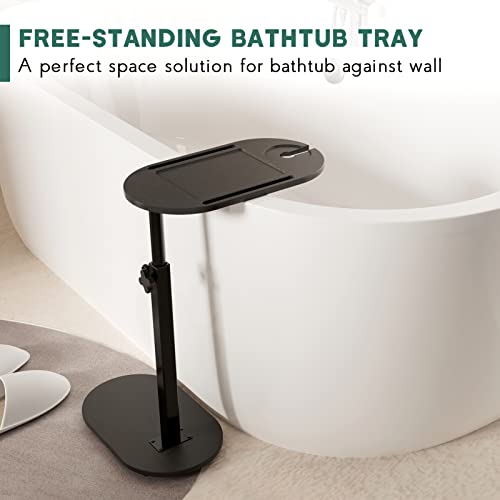 Bamboo Bathtub Tray Table with Adjustable Height, Freestanding Bathtub Caddy for Tub Against Wall, Tub Organizer Suitable for Luxury Spa and House Warming - Patent Protected (Black)