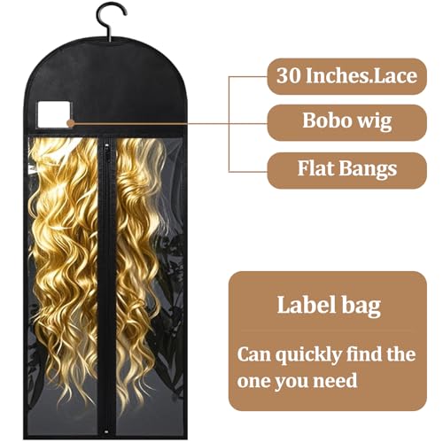 Black 12-Piece Extra Long Wig Storage Bags with Hanger and Labels - 31.5 Inch