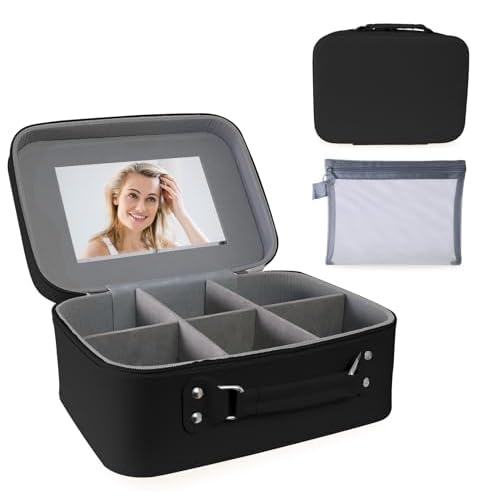 [Bridal Makeup Bag with Mirror] Large-capacity travel makeup storage bag, with compartments and a free brush pouch, waterproof PU makeup bag, durable structure & portable design (black Style)