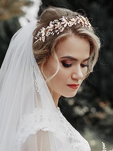 Gold Bridal Headband with Rhinestones and Pearl Flowers - Wedding Hair Accessories