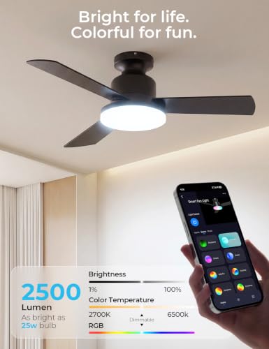 42 Inch RGBW Smart Ceiling Fan Light with Remote - Black + Walnut, Flush Mount