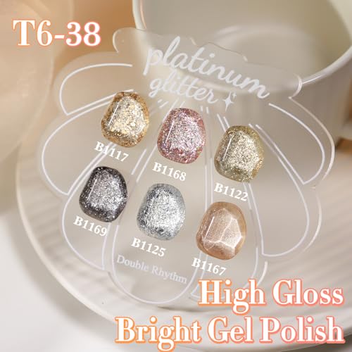 Double Rhythm 0.5 Oz Glitter Gel Polish Set of 6 Color with Display Borad 15 ml Full Size Kit Shimmer Reflective Sparkle Soak Off Manicure Salon DIY at Home (Rose Gold Silver Black Bright-T6-38)