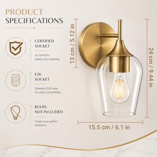 Hamilyeah Gold Brass Wall Sconce Set of 2 - Modern Vintage Bathroom & Bedroom Lighting with Champagne Glass Shades