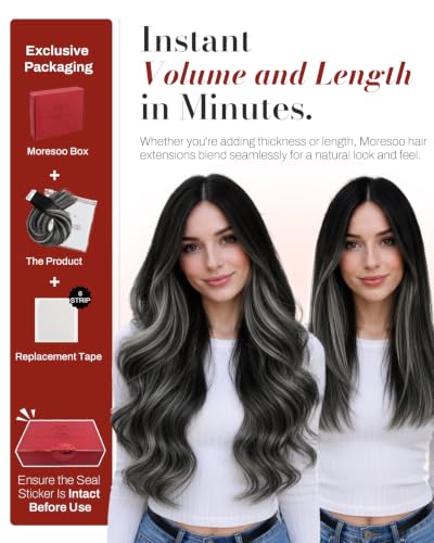 Moresoo Balayage Tape-In Hair Extensions 20 Inch Black to Silver Grey 20Pcs 50g