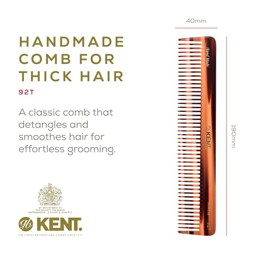 Kent 92T Tortoise Wide Tooth Detangler Combs for Men and Women, Hair Comb for Curly and Wavy Hair and Wet or Dry, Large Wide Tooth Dressing Comb, Handmade, Saw-Cut, Hand polished, Made in England