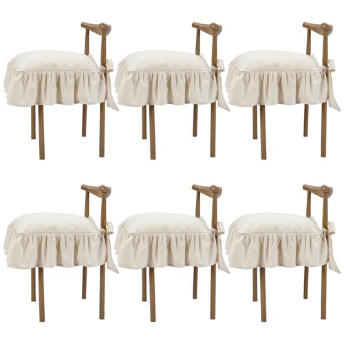 French Ruffled Chair Cushion Covers Set 6 Retro Cream White No Padding - Tie-On Slipcovers