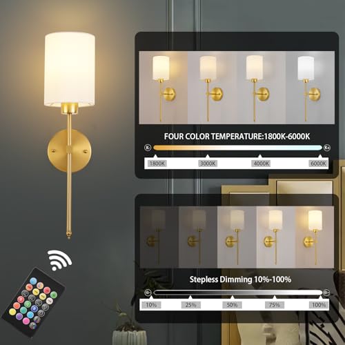Brass Wall Sconce Set of Two - Dimmable RGB Battery Operated with Timer, 20.6 Inch