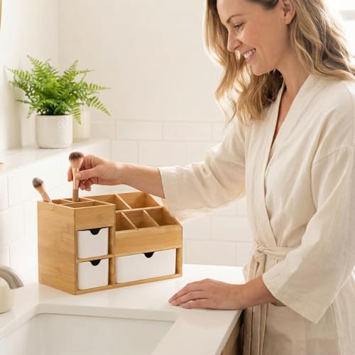 Bamboo Makeup Organizer with 3 Drawers, Dresser Cosmetic Organizer Box,Bamboo Desk Organizer for Home with Adjustable Dividers£¨11.5x5.4in£©