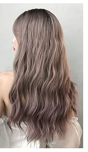 AIKO PRO Gray Pink Long Curly Wavy Wig with Bangs, 23-inch Synthetic Hair for Cosplay & Daily Wear