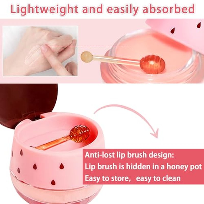3 PCS Bee Lip Balm Honey Pot, Watermelon & Cherry & Strawberry Lip Mask Overnight Propolis Moisturizing Lip Balm Hydrating Prevention Dry and Crack Lip Scrubs Exfoliator Lip Wrinkle Care (Set C)