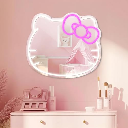 Neon LED Wall Mirror Vanity - Cat Motif, Dimmable Makeup & Bedroom Decor