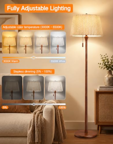 OUTON Walnut Wood Farmhouse Floor Lamp with Remote Dimmable & Dual Shades