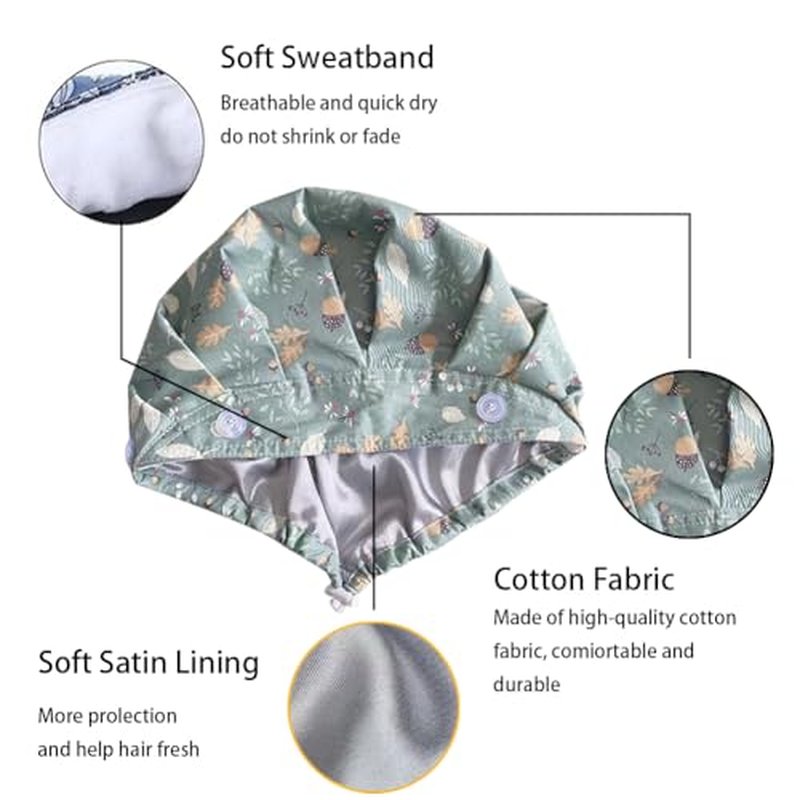 6PCS Bouffant Scrub Caps Women, Satin Lined Scrub Caps Women, Adjustable Surgical Cap for Womens, Nurse Cap with Button and Sweatband, Unisex Scrub Hats, One Size Multi Color