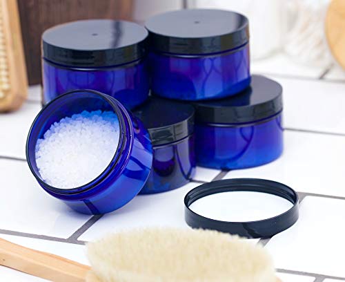 12 Pack Cobalt Blue Refillable Plastic Jars with Black Lids - 4 oz Food & Cosmetic Storage Containers