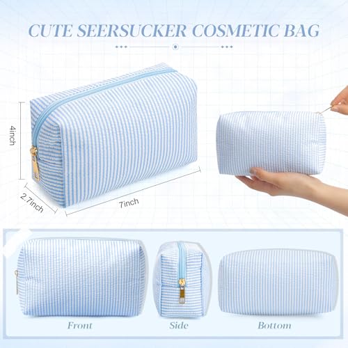 Light Blue Seersucker Cosmetic Bags Set - 12 pcs, Zippered & Striped