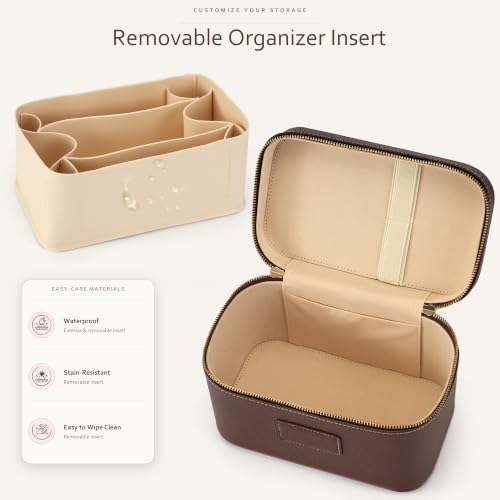 Brown Coffee Leather Makeup Bag Travel Toiletry Organizer with Removable Waterproof Divider
