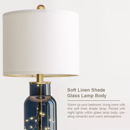 22-Inch Glass Table Lamps Set of 2 with LED Nightlight - Blue - Bedroom Decor