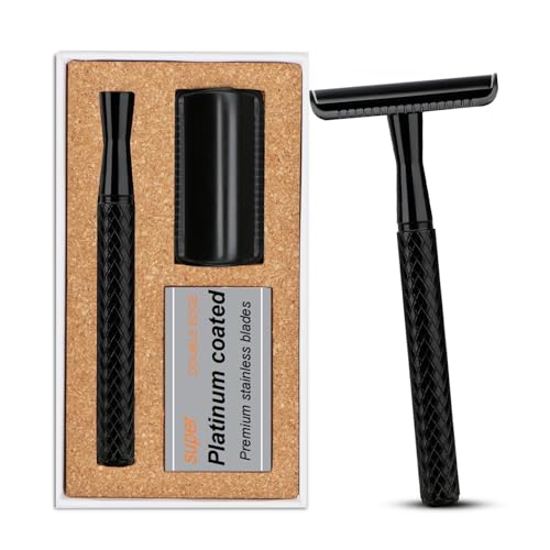 Matte Black Safety Razor - Single Blade Razors for Men - Reusable Metal Razor, with 5 Stainless Steel Double Edge Blades, Smooth Close Shave, Sustainable, Plastic Free