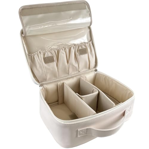 MKPCW Multifunctional Travel Makeup Bag Cosmetic Organizer with Removable Dividers, Brush Holder & Luggage Strap ? Waterproof Large Capacity Toiletry Pouch for Women, Gym, Daily Use (White)
