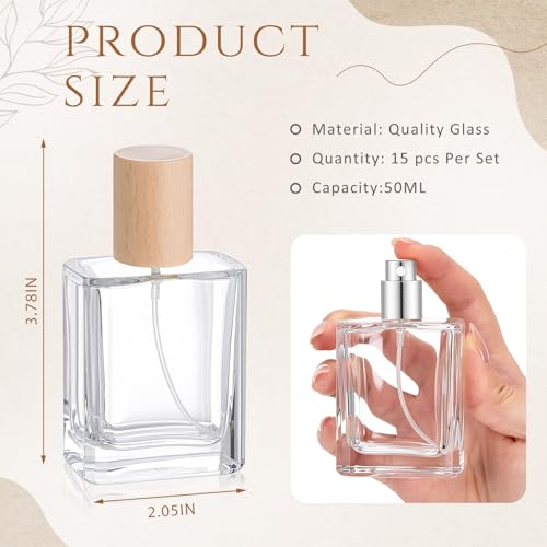 15 Pack 50ml Glass Square Perfume Bottles - Light Wood Color, Reusable & Leakproof