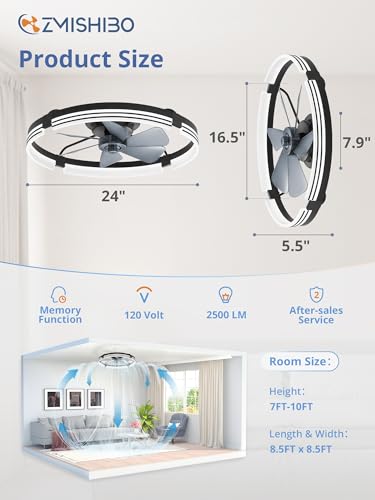 ZMISHIBO 24-Inch Black Low Profile Ceiling Fan with Lights & Remote