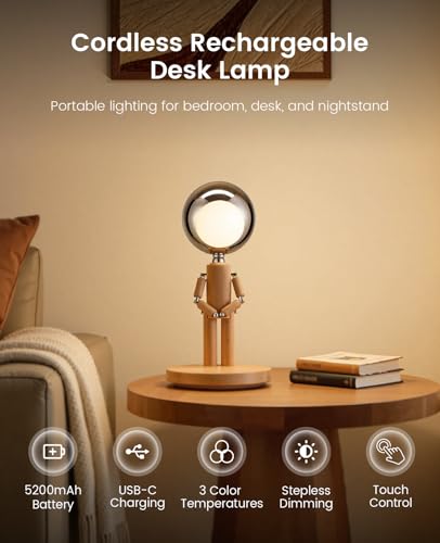 Rechargeable Cordless Desk Lamp - Beech Wood Touch Dimmable Nightstand Light