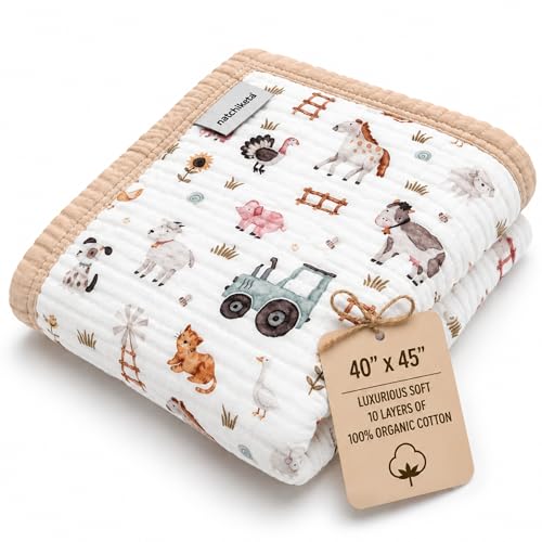 Organic Cotton Muslin Baby Blanket Farm Variation - Soft Swaddle & Toddler Quilt