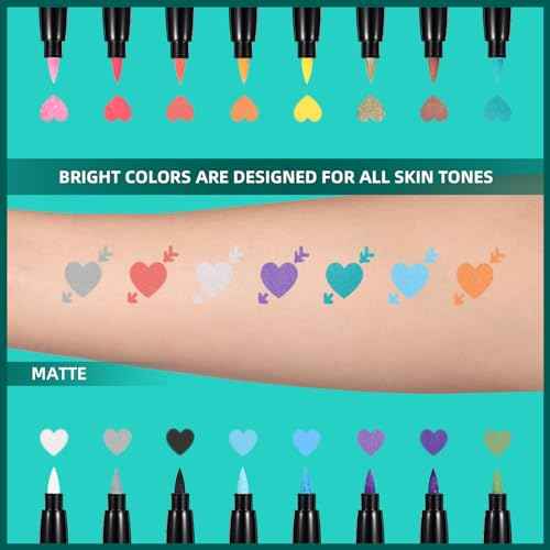 Temporary Tattoo Markers for Skin, 16-Count Body Markers+77 Large Tattoo Stencils of Assorted Colors for kids and Adults, Flexible Brush Tip, Bright colors, Skin-Safe*, Cosmetic-Grade.