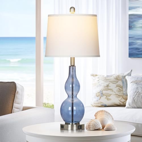 Blue Coastal Glass Double Gourd Table Lamp Set of 2 - Nautical Nightstand Lamps with USB & Outlets, Dimmable Touch Control, 27.5"