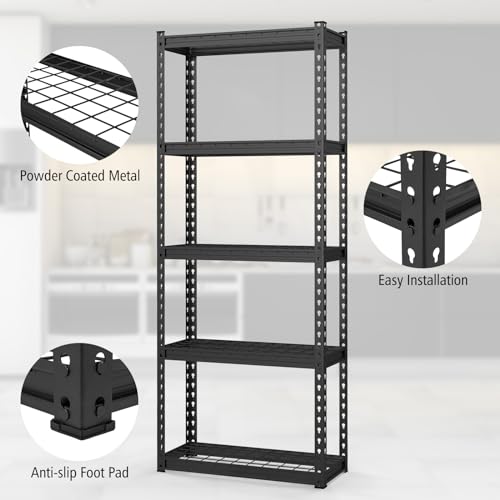 Black 2 Pack Heavy Duty Metal Shelving Units - 5-Tier Adjustable Wire Storage Racks, 12"D x 27.5"W x 66"H