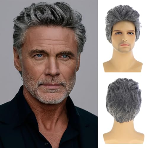 Baruisi Grey Short Wavy Layered Men’s Wig – Synthetic 100% Heat-Resistant, Halloween/Cosplay