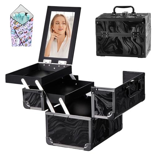 Portable Makeup Train Case with Mirror & 2 Trays - Black Pattern, Travel Cosmetic Organizer