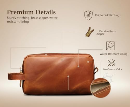 Leather Toiletry Bag for Men & Women - Tan Brown Travel Organizer