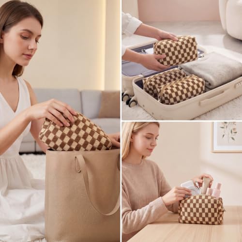 8 Pack Checkered Makeup Bags Small Cosmetic Pouch - Brown