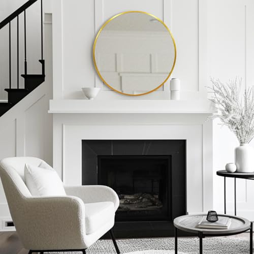 30 Inch Gold Round Mirror with Brushed Metal Frame - Wall Decor, HD Glass, Easy Install