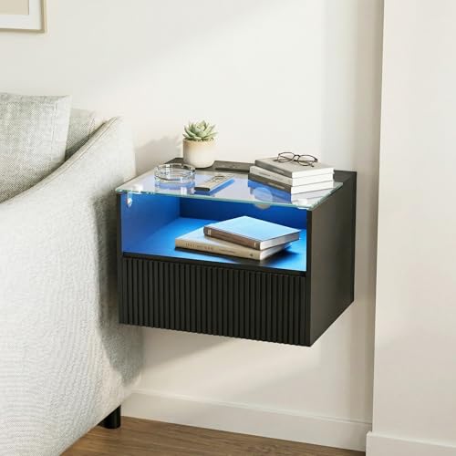 Floating Nightstand Set of 2 with Charging Station and Drawer - Black