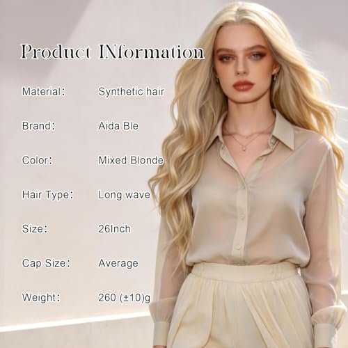 Long Wavy Blonde Wig for Women 26 Inch Synthetic Hair - Middle Part - Blonde