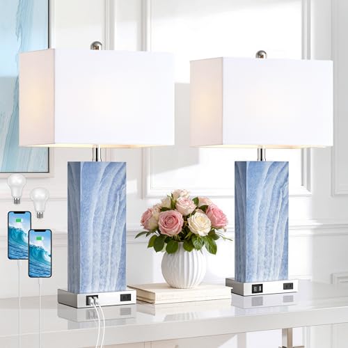 Blue Touch Control Bedside Table Lamp Set of 2 with USB & Outlet, 3-Way Dimmable, Modern Ceramic Nightstand Lamps with Fabric Shade