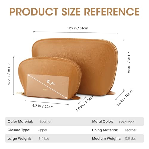 Kattee Leather Makeup Bag, Travel Cosmetic Bag Set, Toiletry Bag Organizer for Women, 1-PACK, Medium, Brown