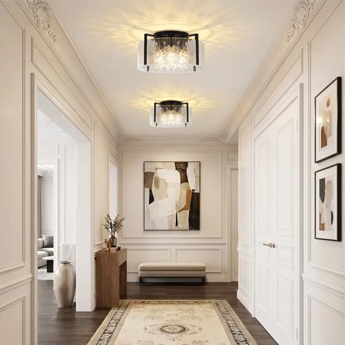 Black 16-Inch Semi-Flush Mount Ceiling Light with Hammered Glass Drum Fixture