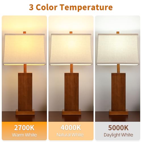 Walnut Wood Table Lamps Set of 2 with USB-C Ports, 2700K-5000K Bulb, Beig e Linen Shade