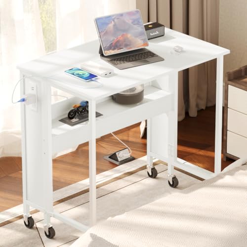 White Folding Computer Desk with Power Outlets - Portable Rolling Office Table