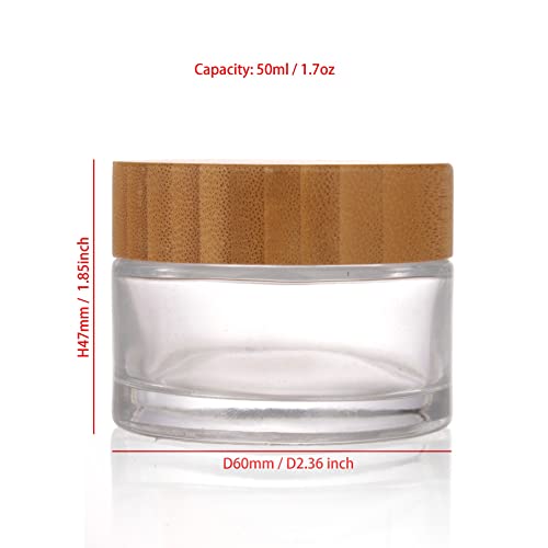 COSIDEA 6pcs Empty 1.7 OZ/50g Round Clear Glass Jars with Bamboo lids, Bamboo Cream Jar Refillable Cosmetic Travel Containers for Lip Balm, Ointments, Lotion Packing