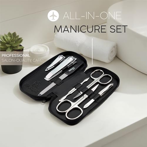 Manicure Set Nappa Black - 7-Piece German Made Nail Clippers & Tools with Leather Case