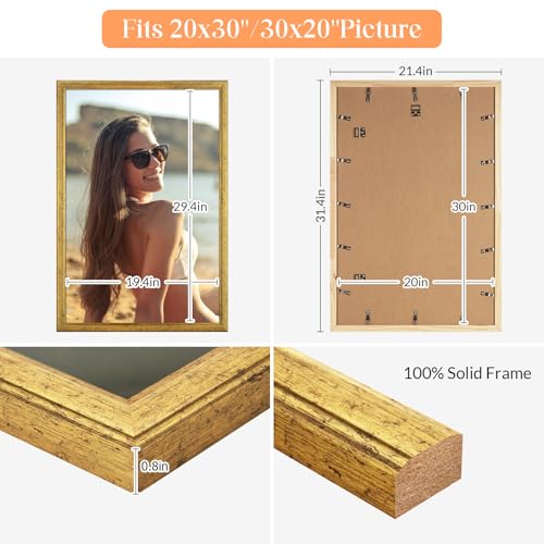 Gold 20x30 Inch Wooden Picture Frame Set of 3 - Horizontal & Vertical Wall Mounts