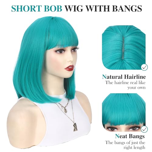 12 Inch Short Bob Wig with Bangs - Teal Blue & Bluish Green Heat-Resistant Synthetic Wig for Cosplay & Party