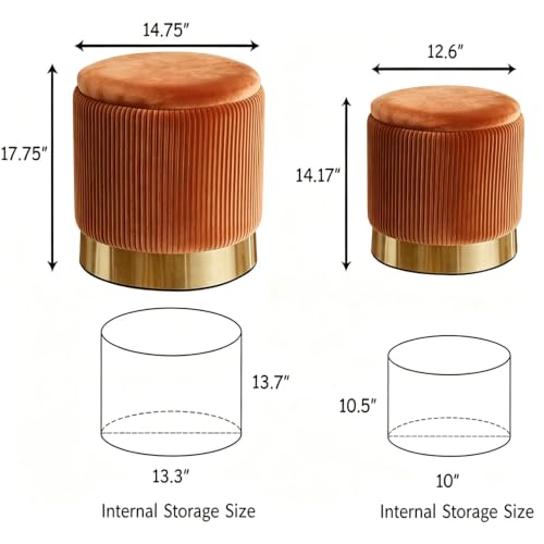 Orange Velvet Round Ottoman with Storage - Set of 2, 14.75 Inches Variation