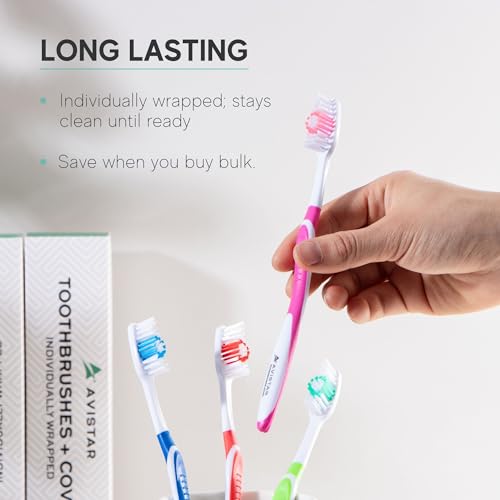 104 Pack Bulk Toothbrushes w/Cover Caps, Individually Wrapped Disposable Travel Toothbrush, Value Size, Long Lasting 3+ Months, Med-Soft Manual Teeth Brush Bristles - Pink